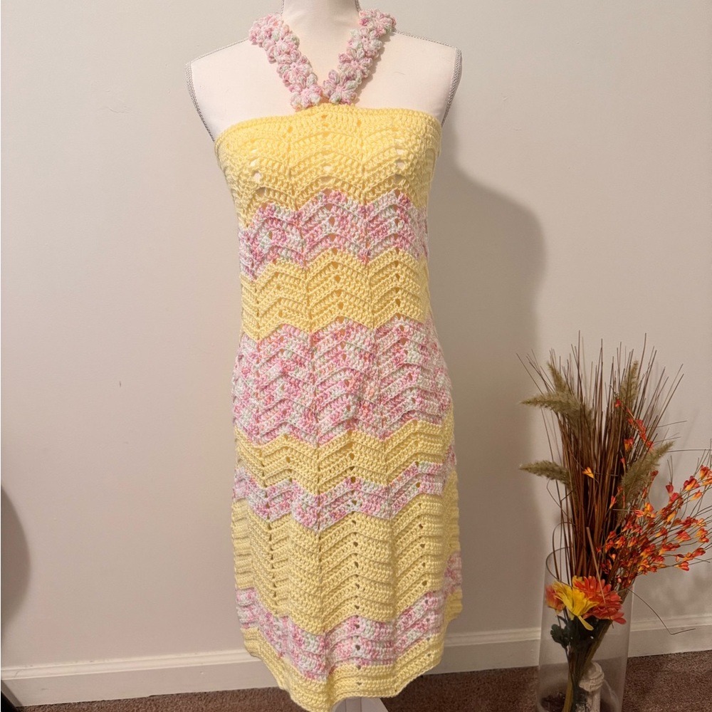 Yellow and Pink Crochet Halter Dress
